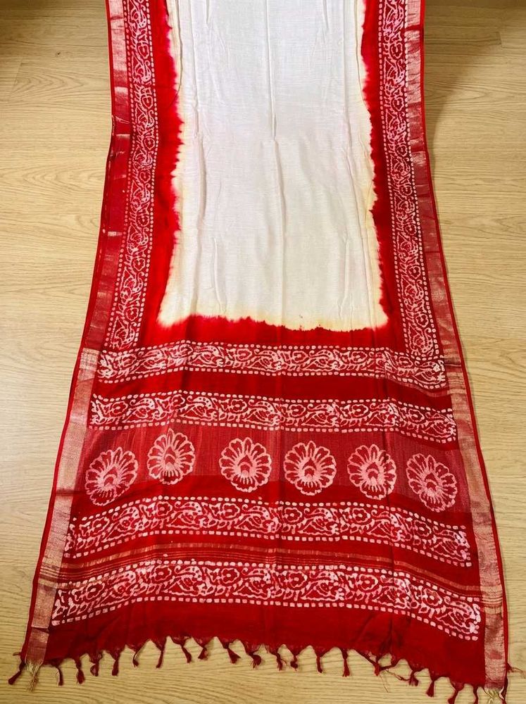 Red &amp; White Hand Block Print Saree