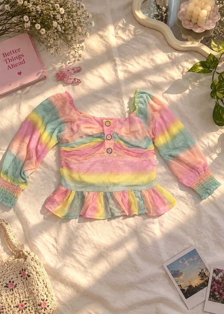 Pastel Rainbow Tie-Dye Ruffle Top