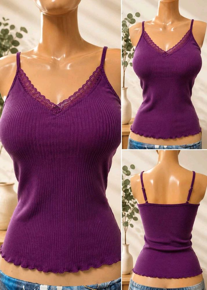 Purple Lace Trim Ribbed Tank Top