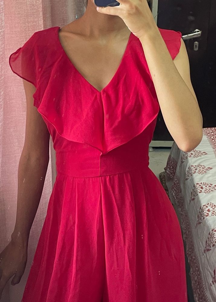 V-Neck Ruffle Detail Red Dress