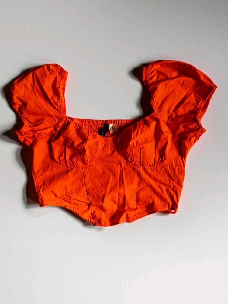 Orange Puff Sleeve Crop Top