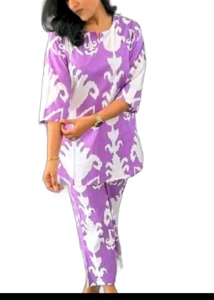 Elegant Purple &amp; White Printed Kurta Set