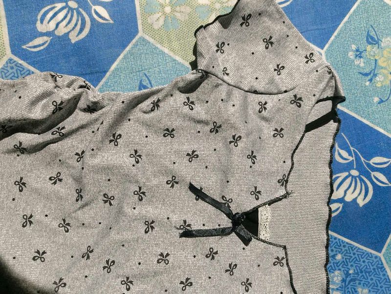 Cute Bow Print Grey Blouse