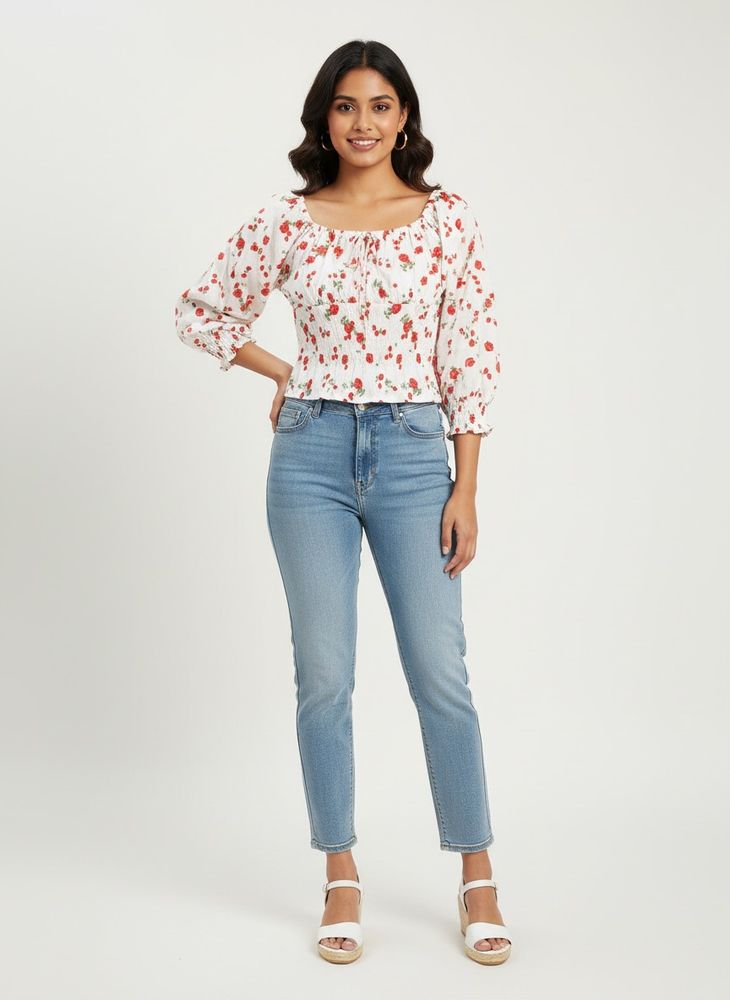 White Rose Print Puff Sleeve Top