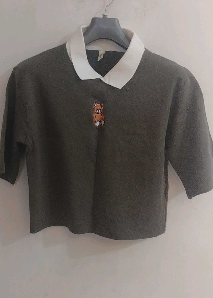 Cute Bear Embroidered Crop Top