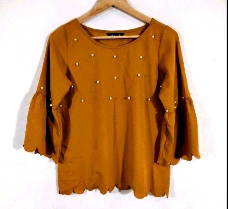 Brown Pearl Embellished Bell Sleeve Top
