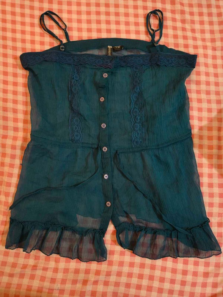 Sheer Teal Lace Trim Camisole Top