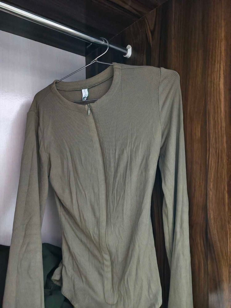 Olive Green Long Sleeve Zip bodysuit top