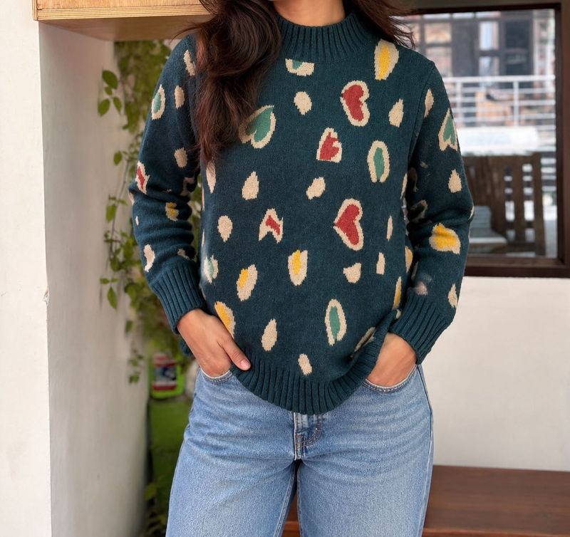 Cozy Heart Print Mock Neck Sweater