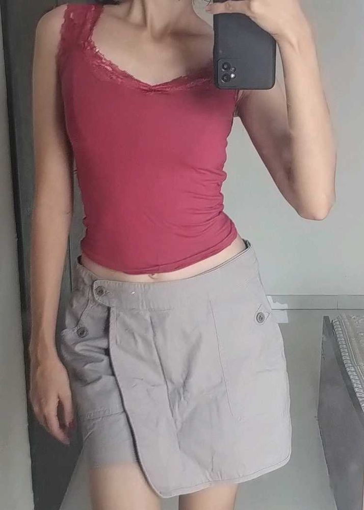 Combo of Grey Cargo Skort and Red Cami Top