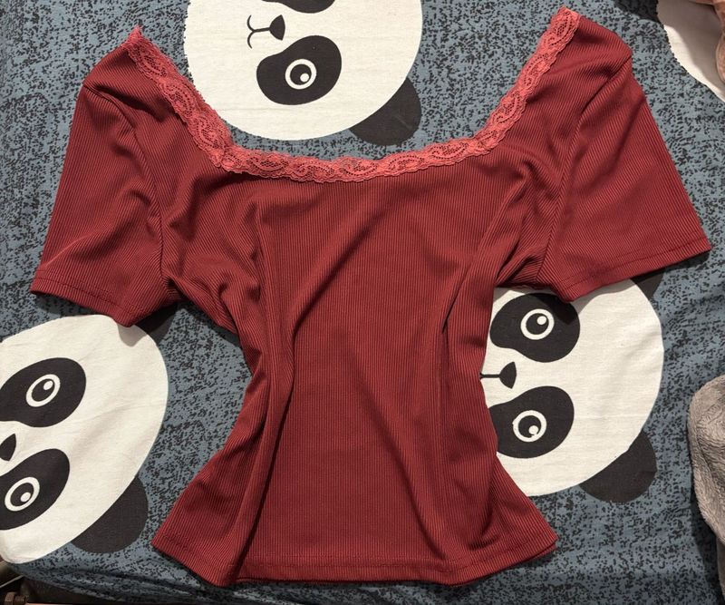 Burgundy Lace Trim Square Neck Top