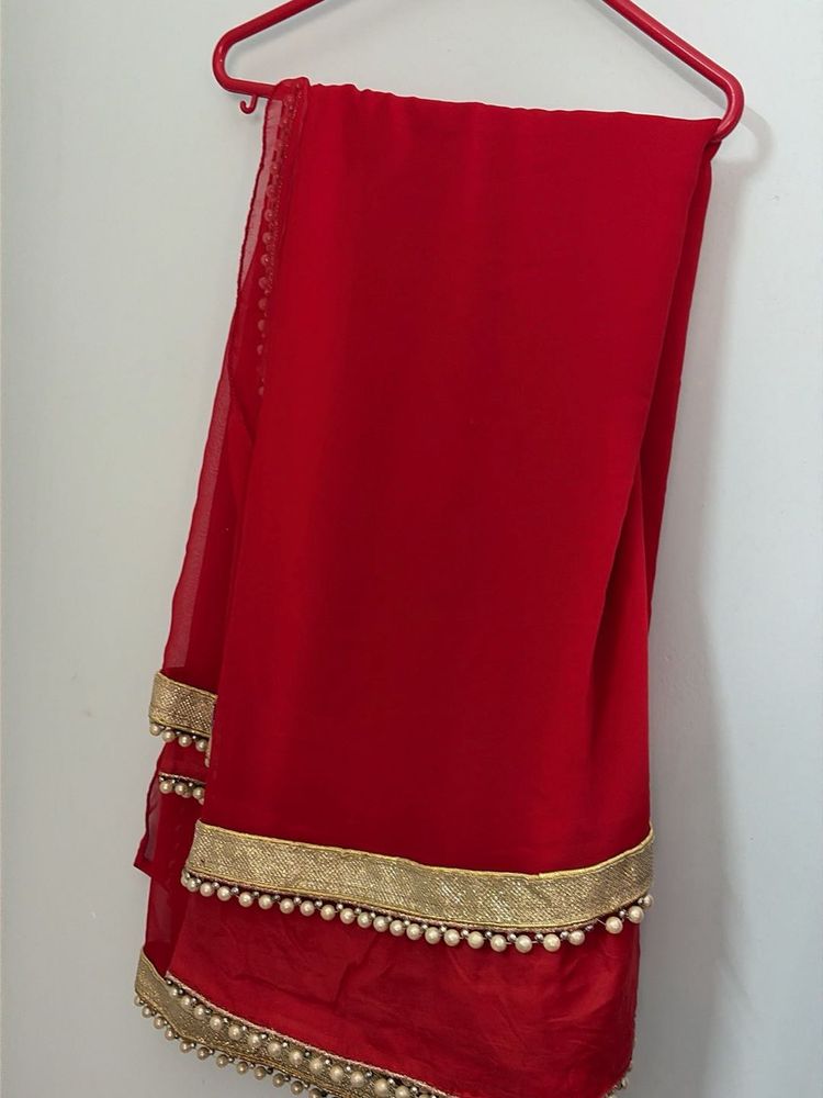 Elegant Red Saree with Pearl Detail-no blouse