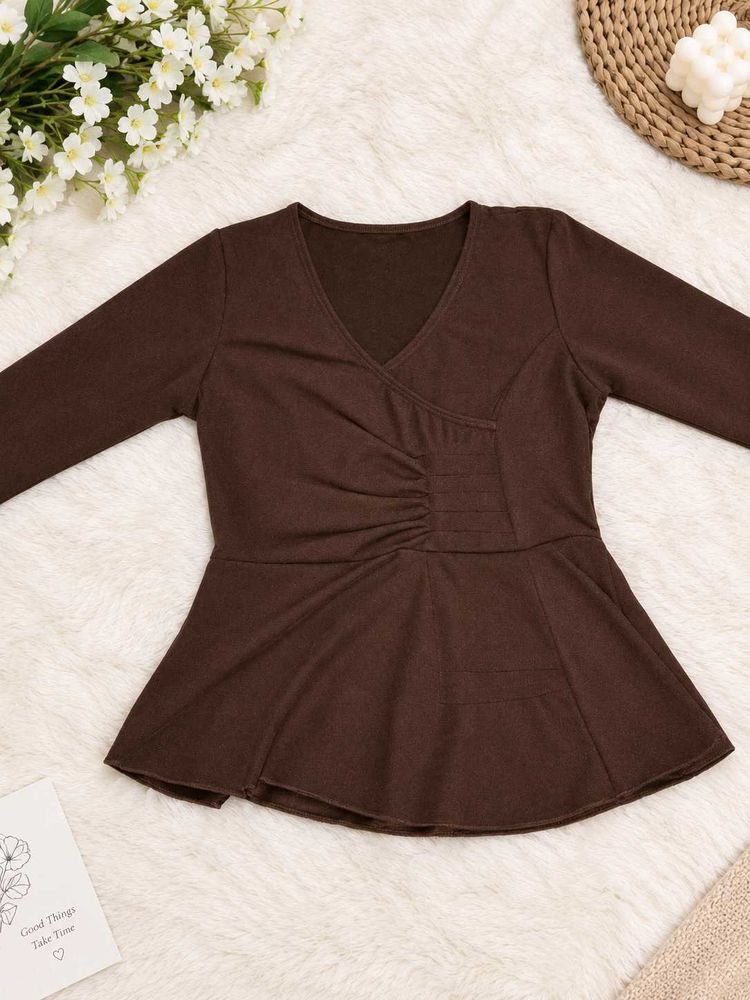 New Brown Ruched Peplum Top