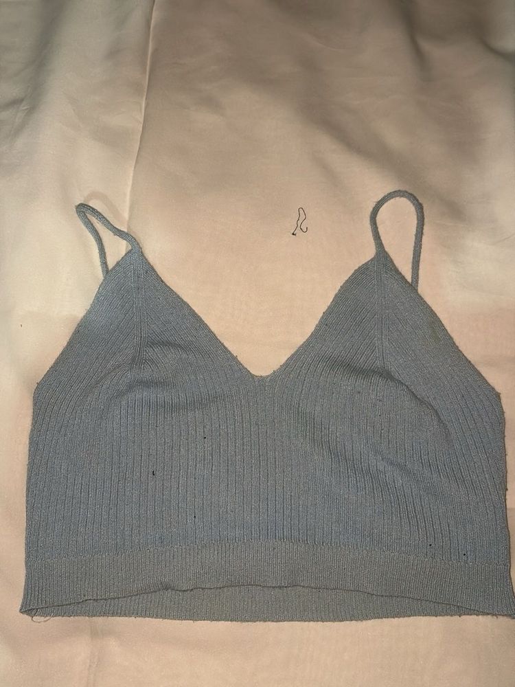 Blue Ribbed V-Neck Crop Top