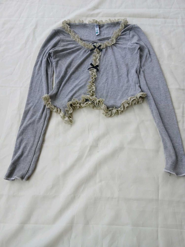 Gray Ruffle Trim Cardigan