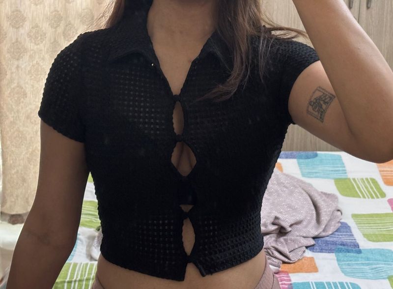 Black Textured Crop Top with Collar