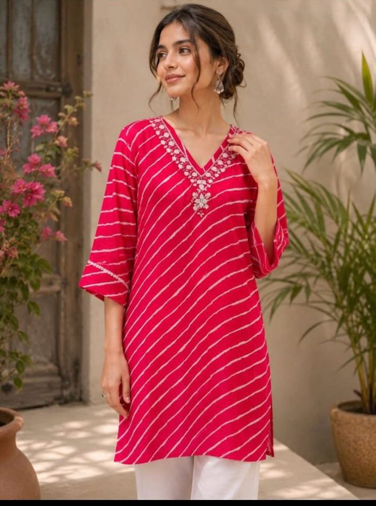 Vibrant Pink Striped Kurta with Embellished Neckli