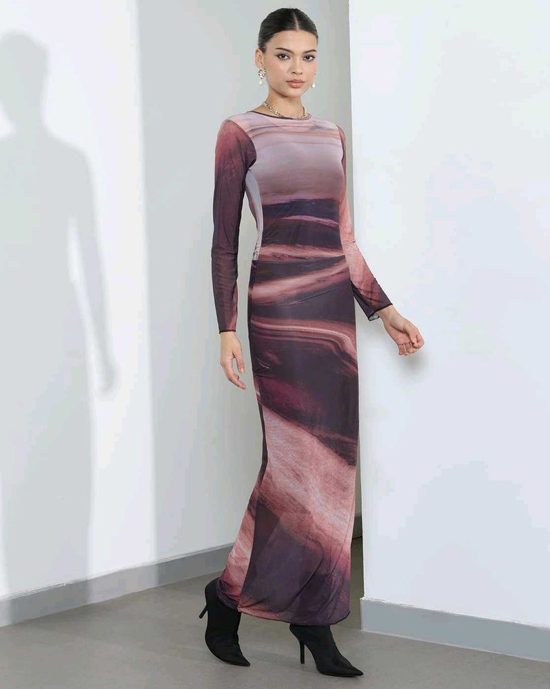 Long Sleeve Abstract Print Maxi Dress