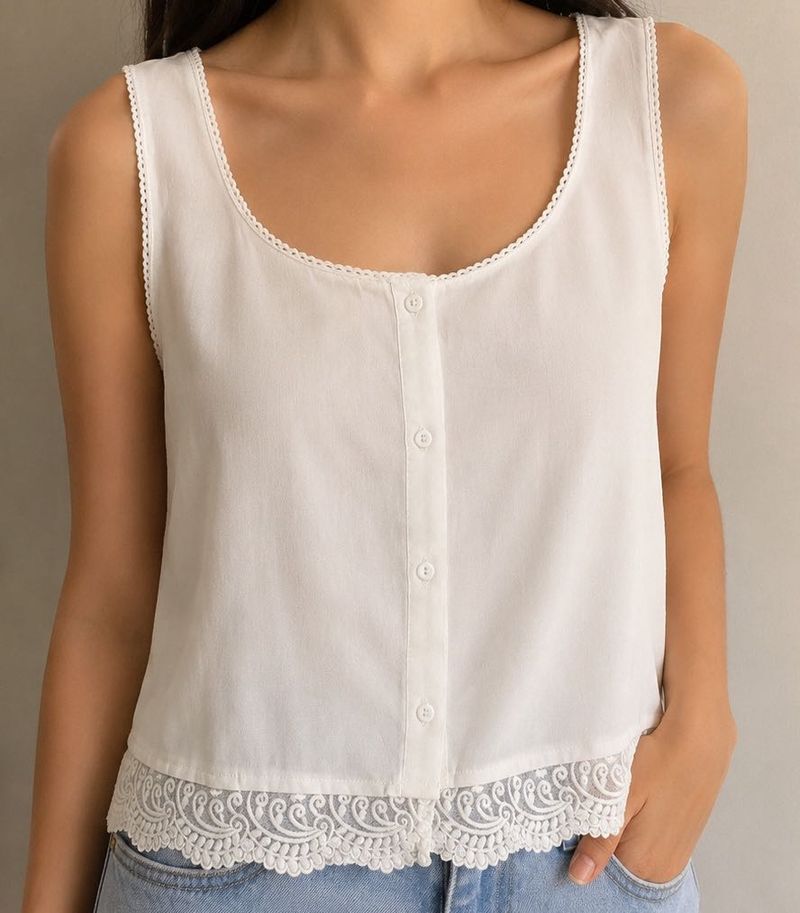 White Lace Trim Button-Up Tank Top