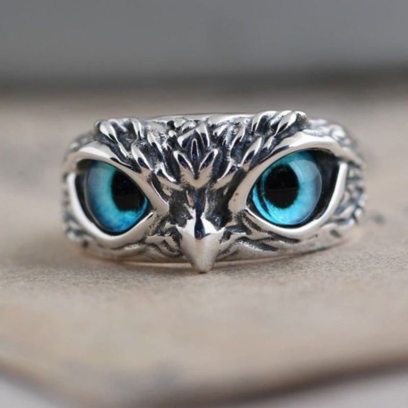 Silver Blue Eyes Owl Adjustable Ring