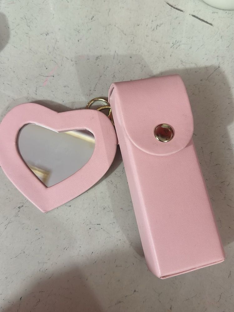 Cute Pink Heart Mirror Keychain lipstick holder