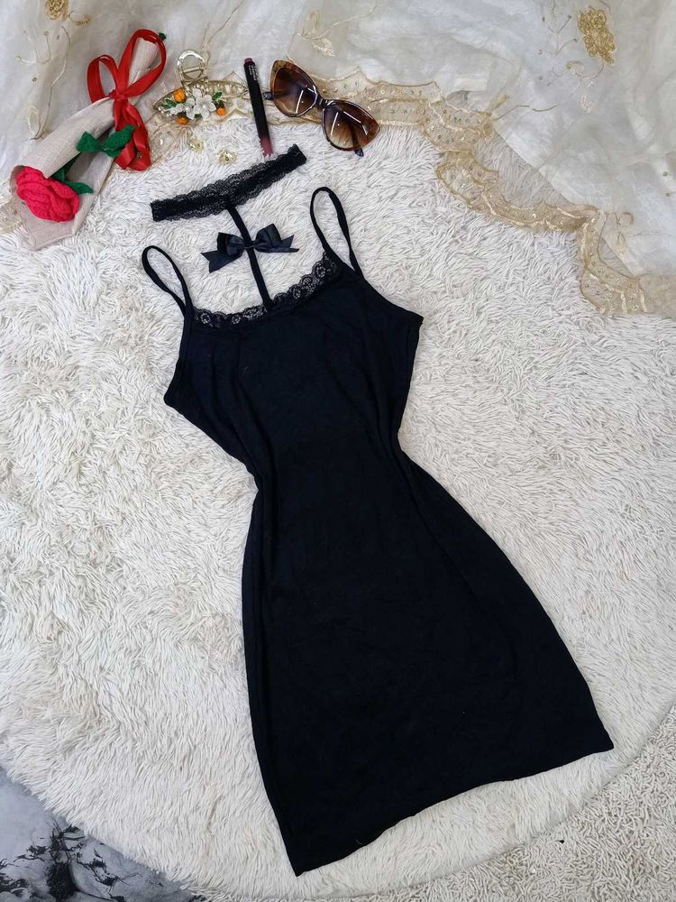 Black Lace Trim Slip &amp; Thong Set