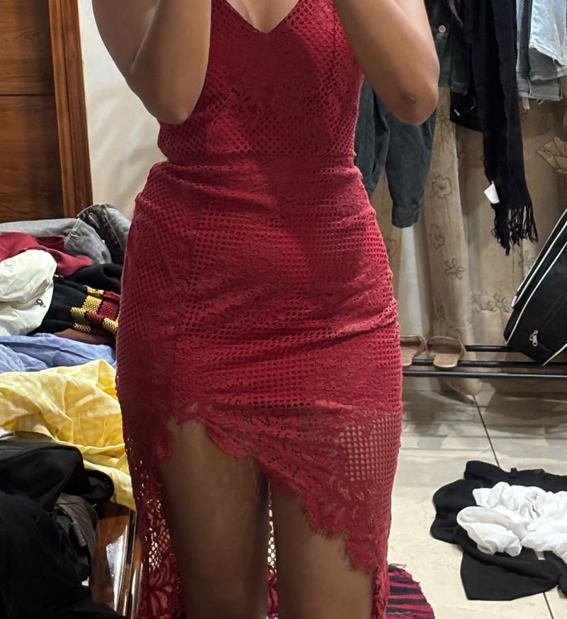 Stunning Red Lace Dress with High Slit