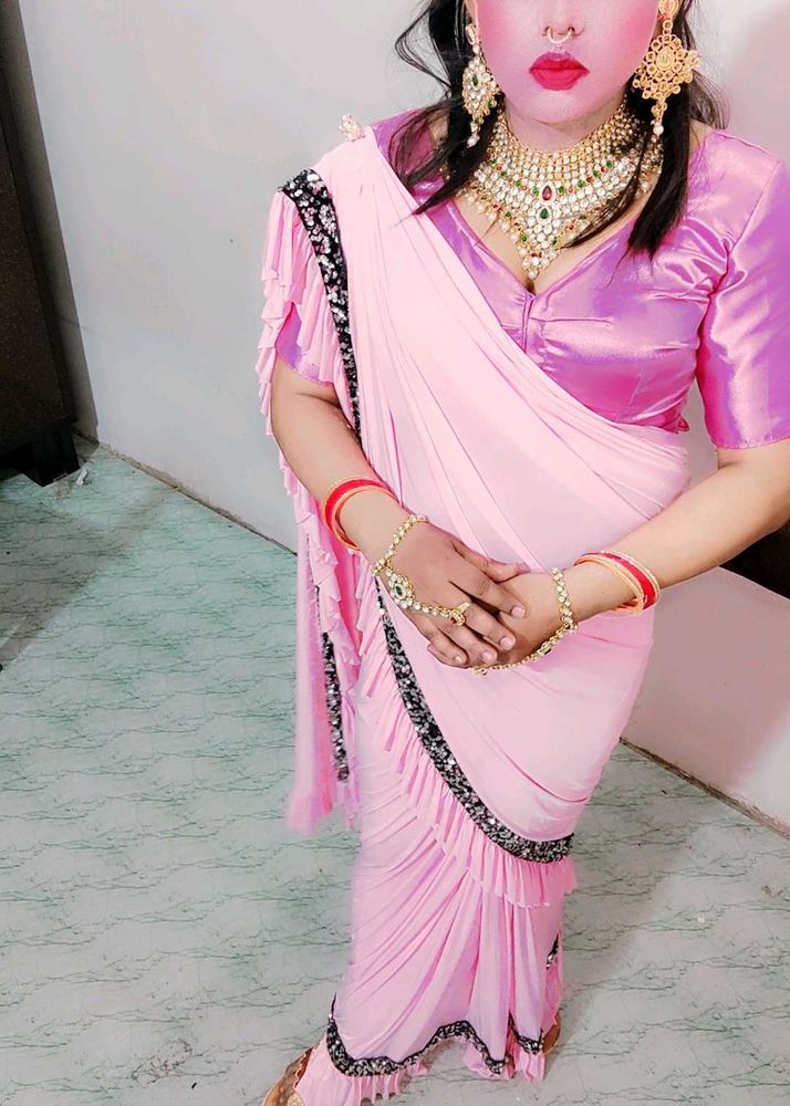 Stunning Pink Ruffled Saree reddy to wear