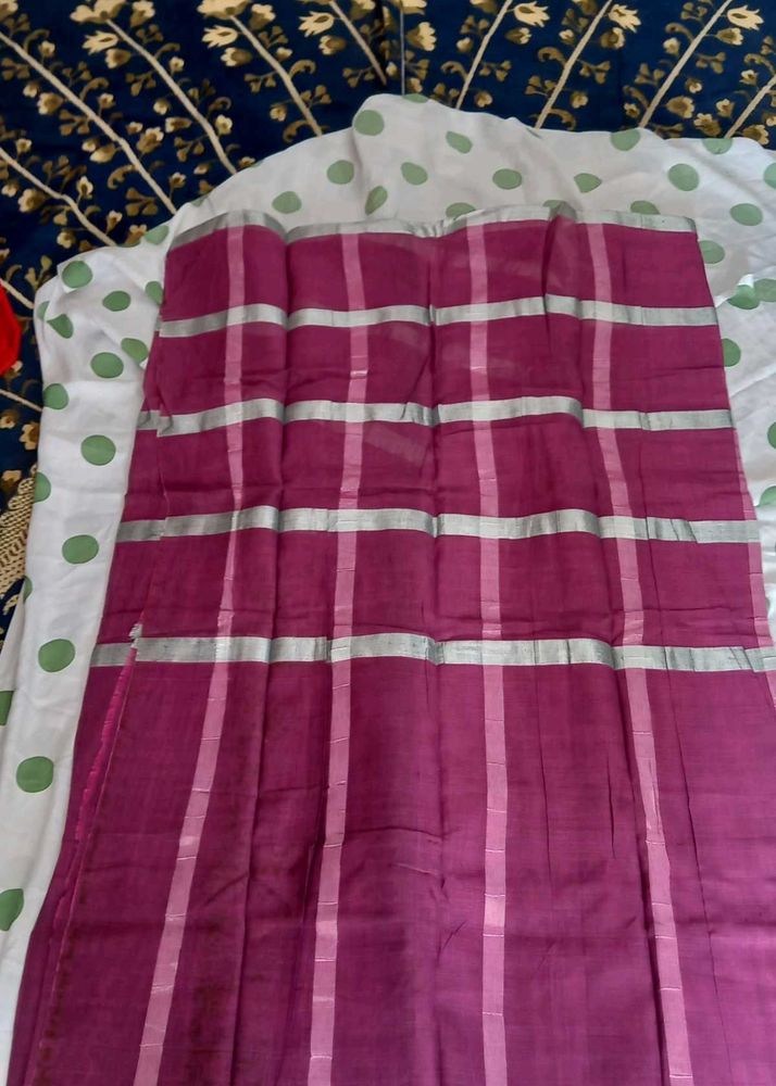 Elegant Magenta Saree with Silver Stripes