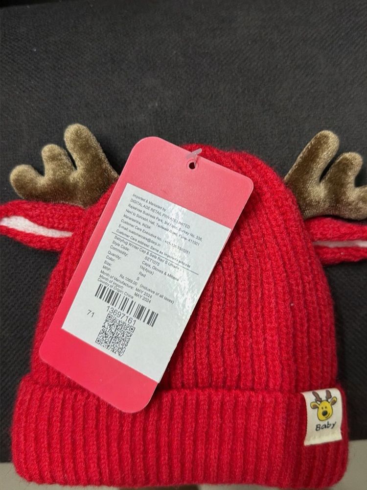 Red Reindeer Baby Hat with Antlers