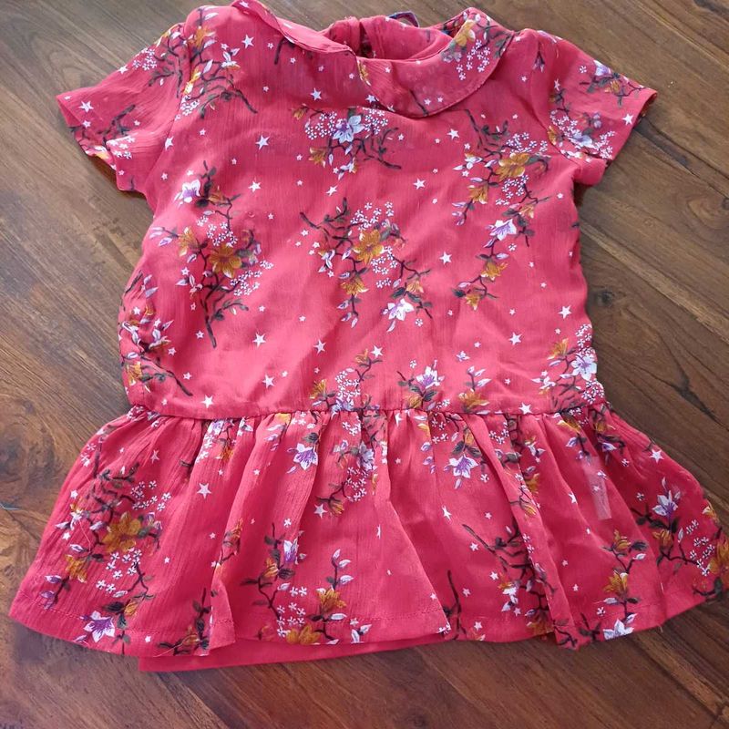 Cute Floral Print Girls Red Peplum Chiffom Top