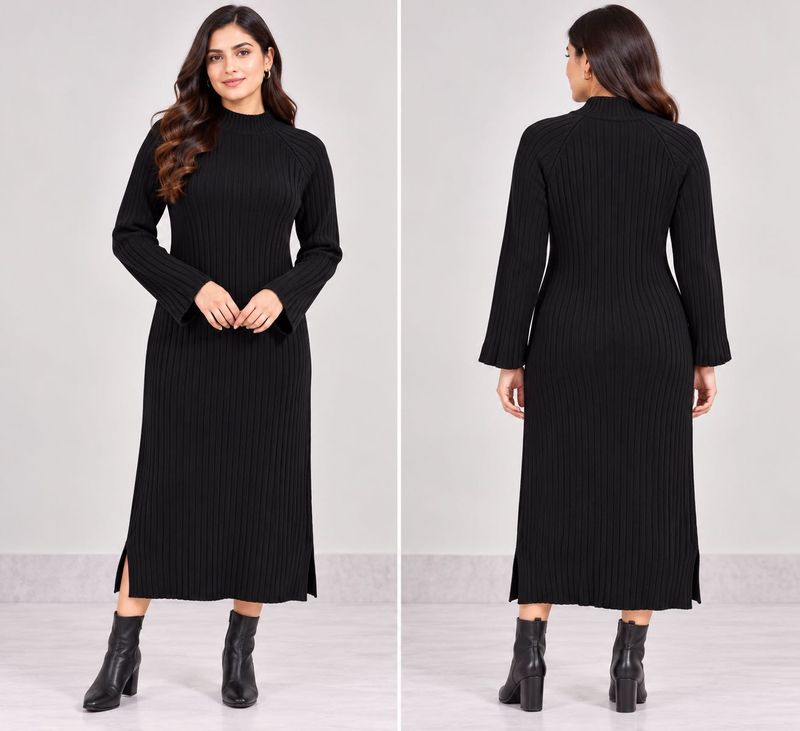 Chic Ribbed Mock Neck Midi Dress
