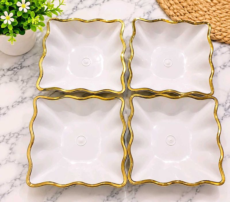 Set of 4 Elegant White &amp; Gold Square Bowls