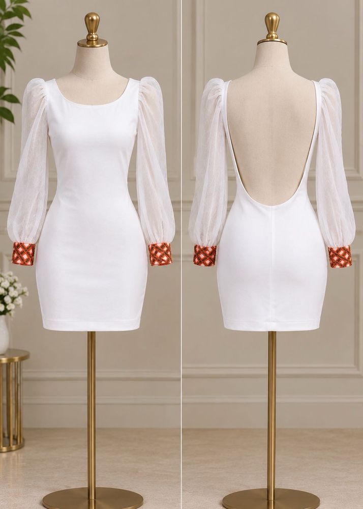 Backless White Sheer Sleeve Dress