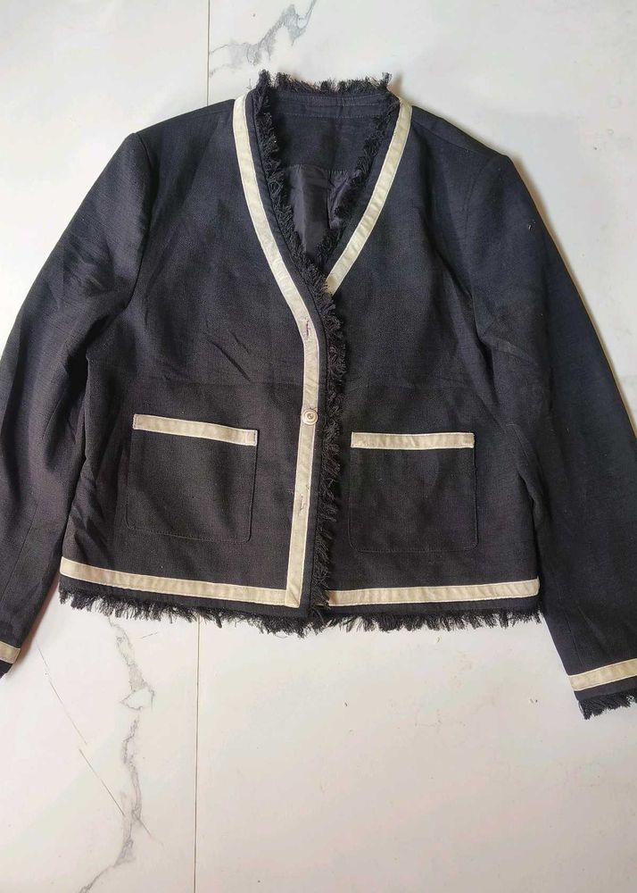Chic Frayed Trim Blazer,tweed jacket
