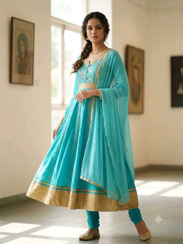 Beautiful Turquoise Kurta Set with Gold Border