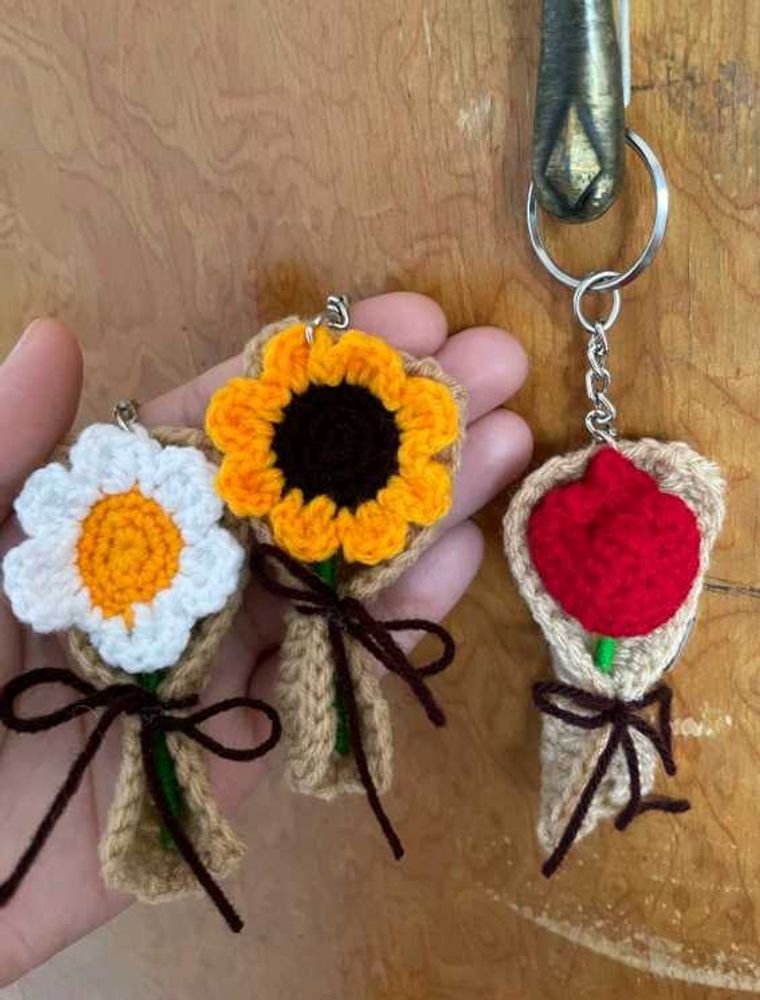 3 Crocheted Flower Bouquet Keychain Set