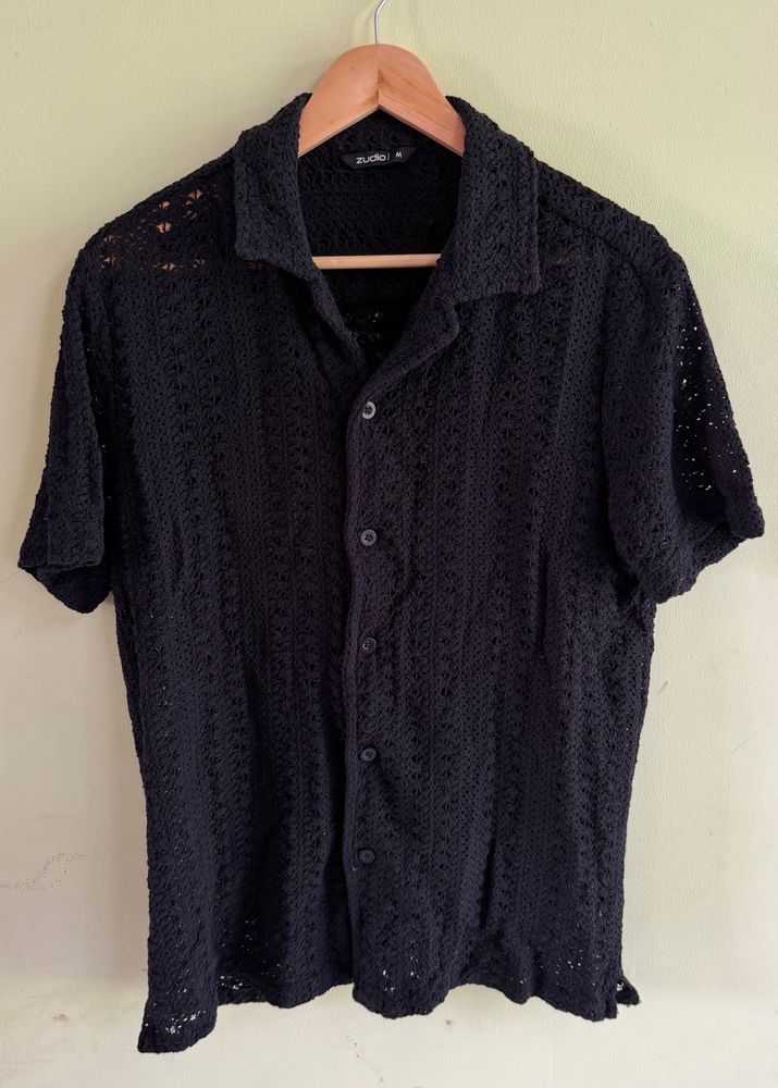 Black Crochet Short Sleeve Shirt