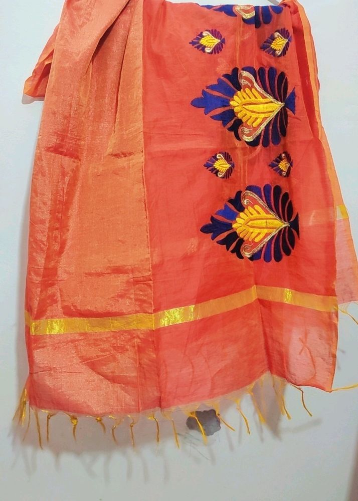 Coral Orange Blue Embroidery Dupatta