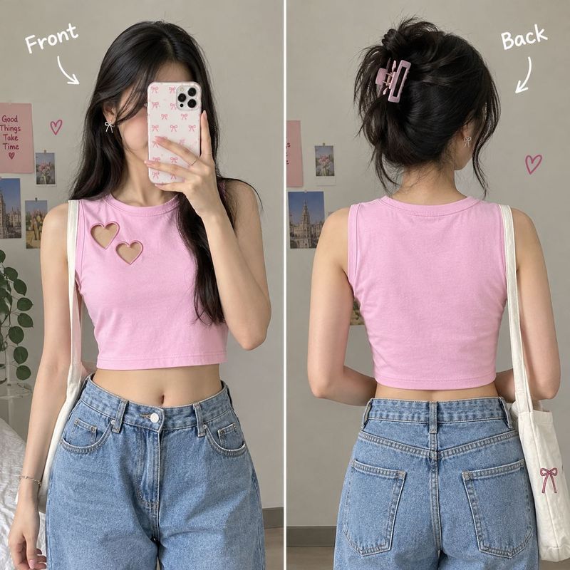 Pink Heart Cut-Out Crop Tank Top