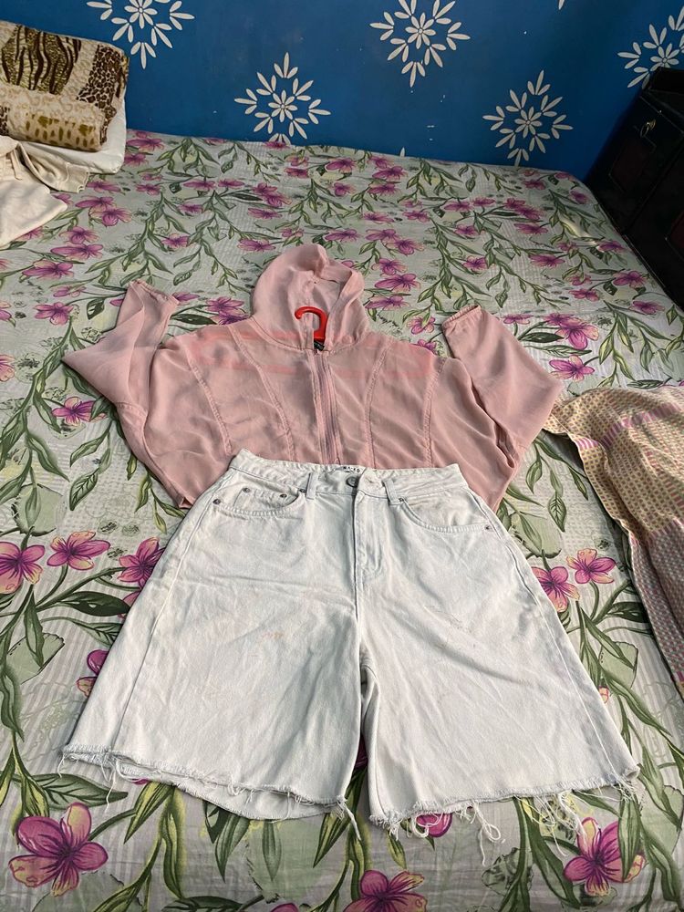 Pink Cropped Hoodie &amp; White Denim Shorts Set