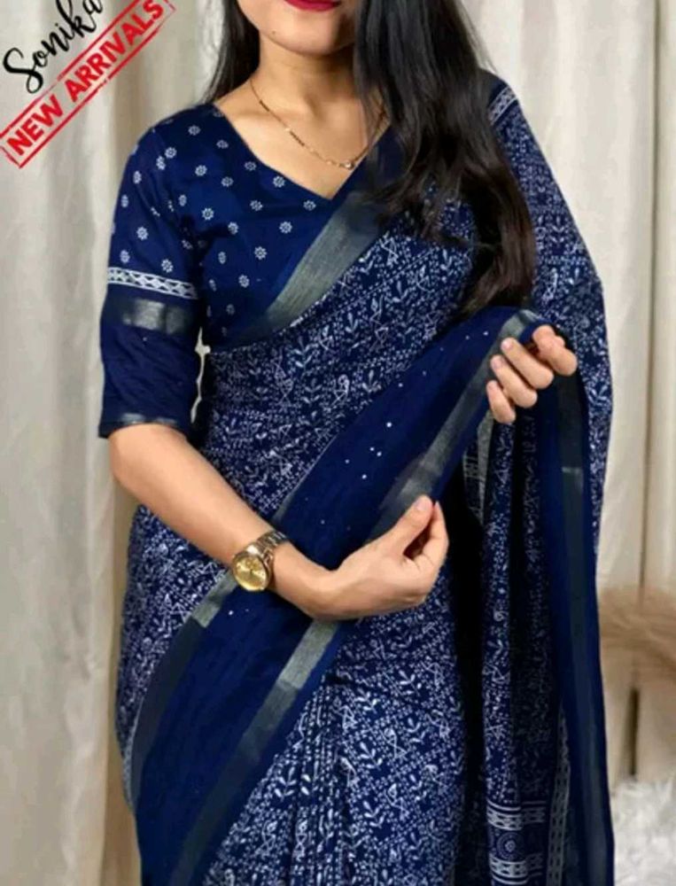 New Mrignayni  Blue Printed Saree With Blouse Piec