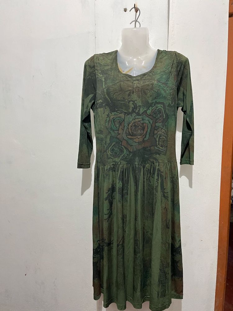Green Floral Print Midi Dress