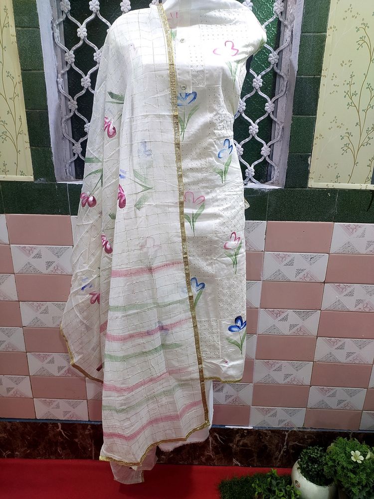 Chanderi Silk Brush Print Designer Dress Material