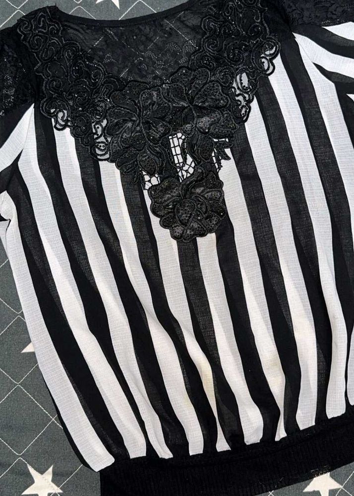 Striped Lace Neck Blouse