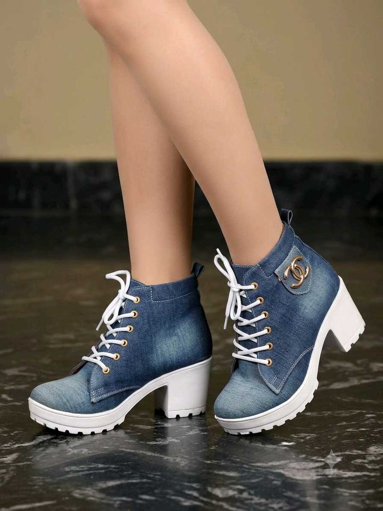 Denim Lace-Up Heeled Ankle Boots