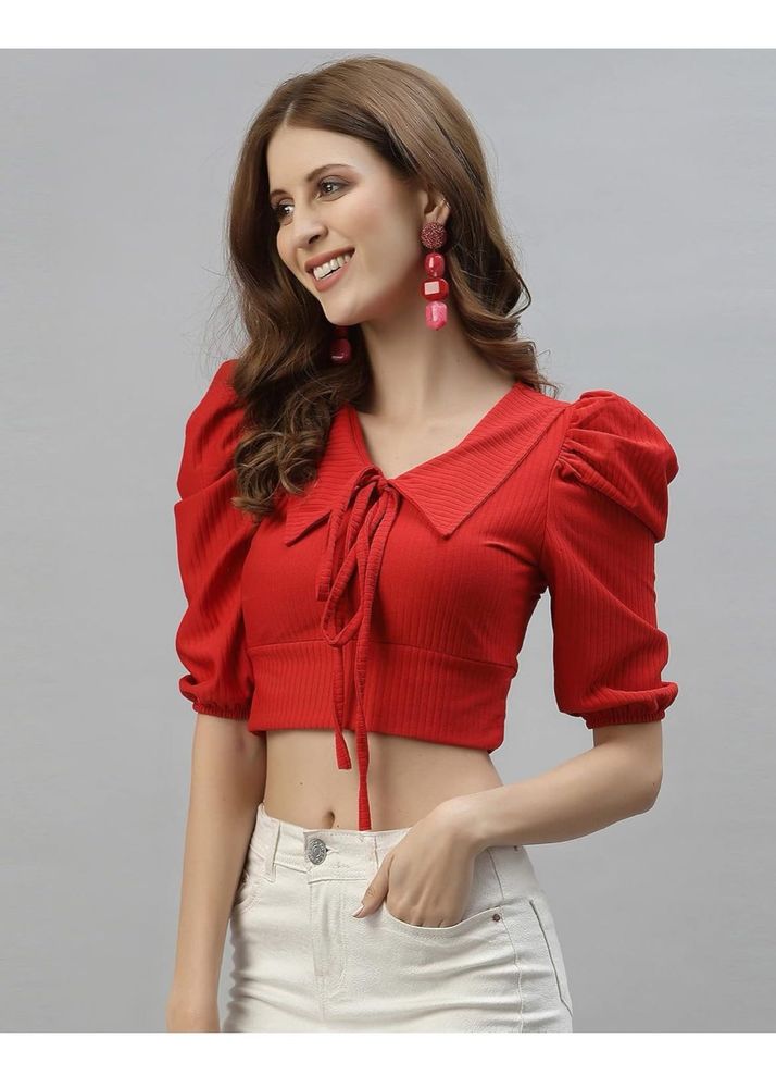Vibrant Red Puff Sleeve Collared Crop Top
