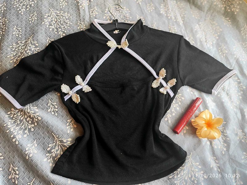 Chic Black Top with Mandarin Collar