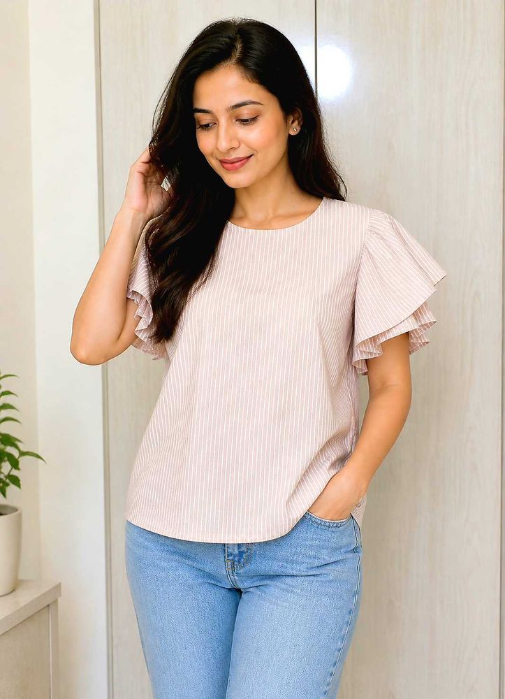 Chic Striped Flutter Sleeve Top Size-36