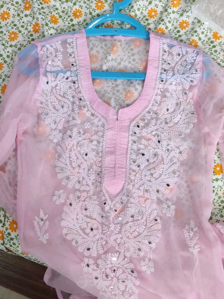 Pink Chikankari Kurta With Lining